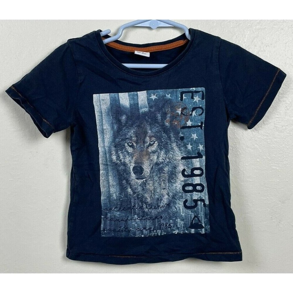 Lindex Boys Flag Wolf Navy Blue Short Sleeved Shirt 1985 Size 1.5-2Y 18m 2T 2 92